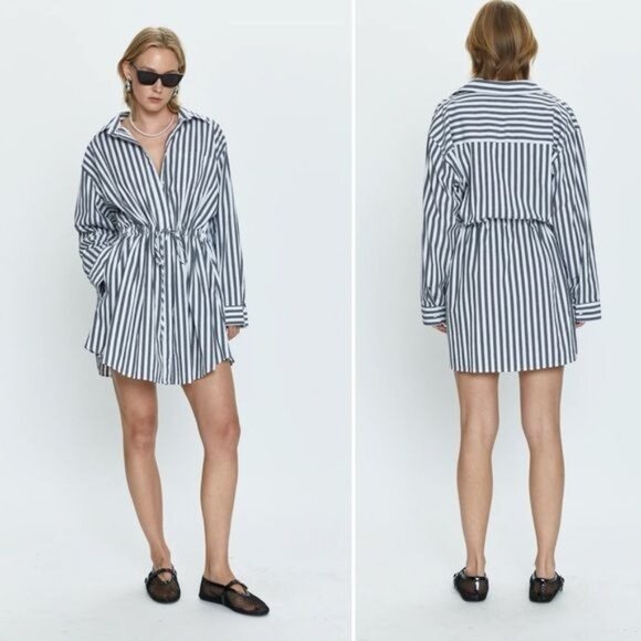 pistola Dresses & Skirts - Pistola Layla Cinched Waist Dress  Alani Striped XS oversized Rekaxed Gray Cotto